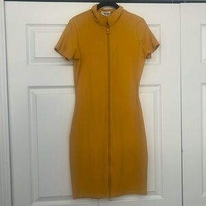 Full Body Zip Mustard Yellow Mock Collar Short Sleeve Mini Dress